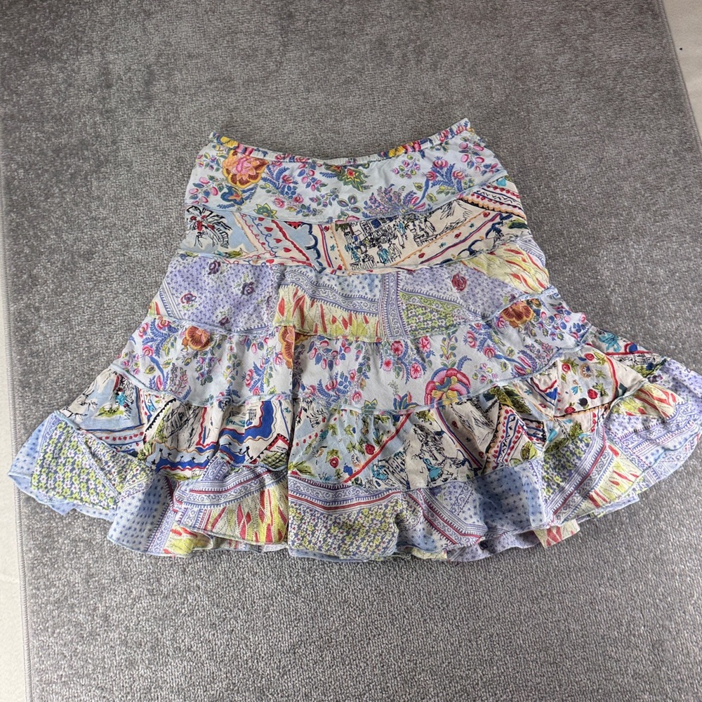 Bila Pull On Mini Skirt Floral White Blue Womens S Ruffles Boho Hippie - Picture 1 of 8